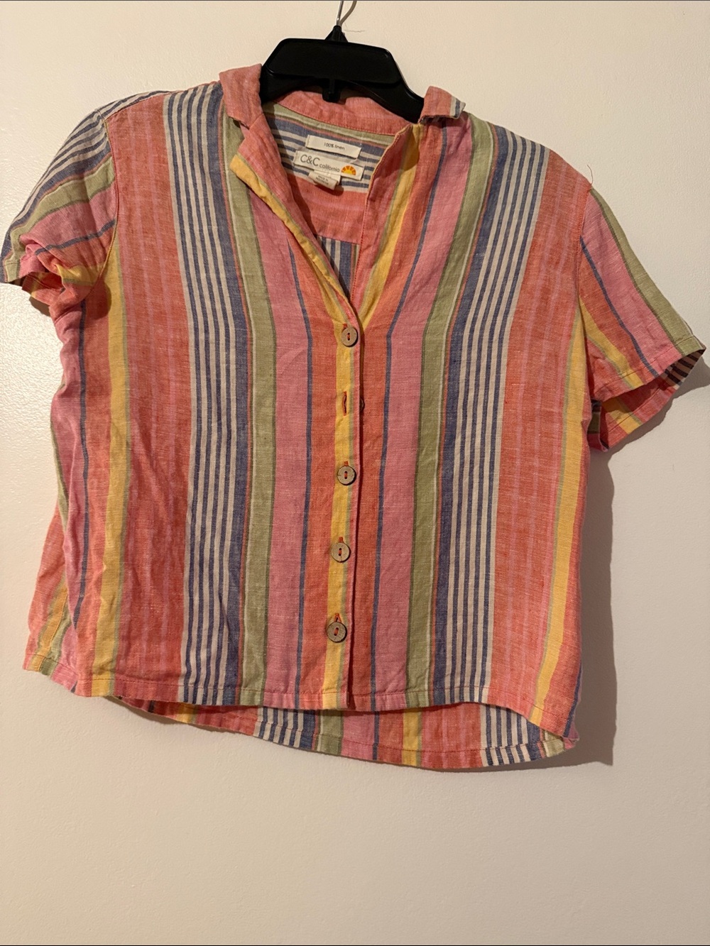 C&C California Coral Pink Yellow Green Blue Striped Button-Front Top